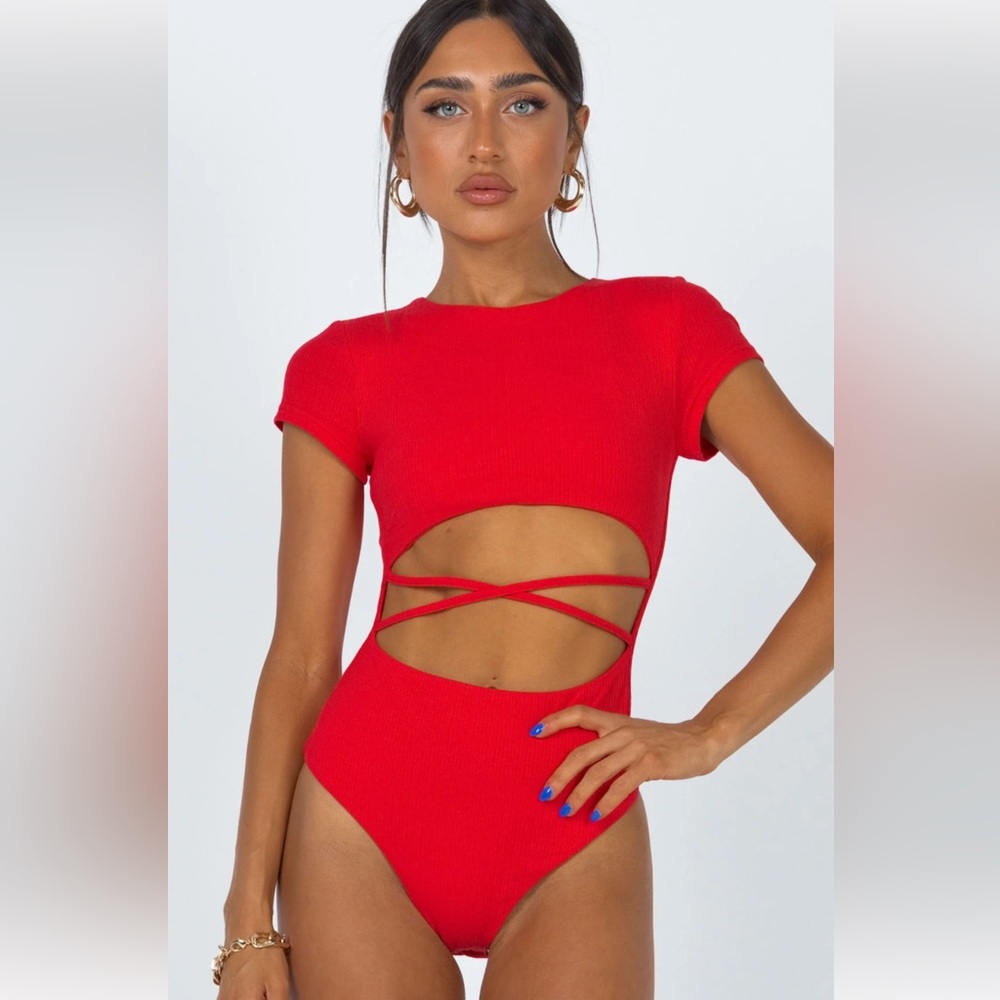 Princess Polly Red Ribbed Scoop-Neck Bodysuit